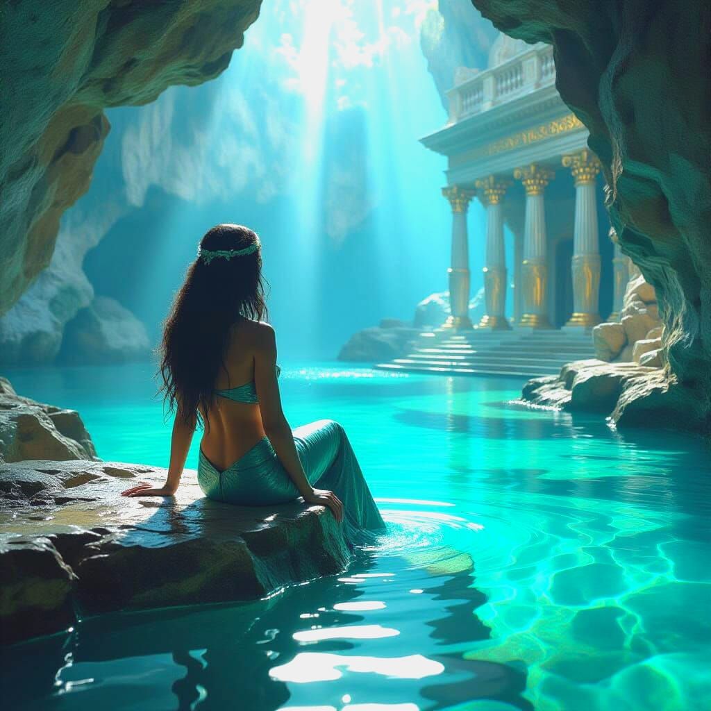 Atlantis Grotto with Mermaid in Volumetric Lighting