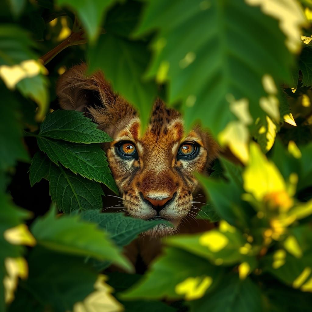 Lion Cub's Gaze Through Emerald Foliage