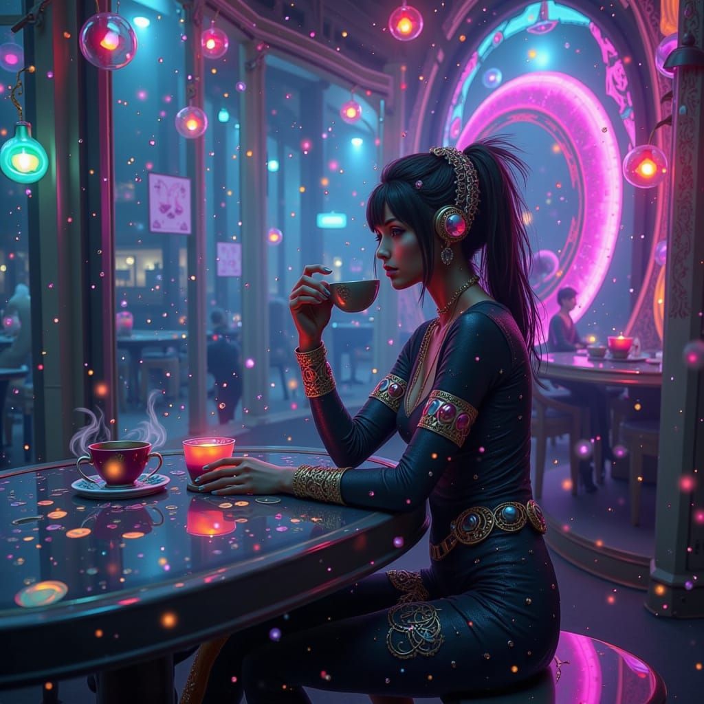 Cyberpunk Woman in Celestial Cafe with Neon Lights