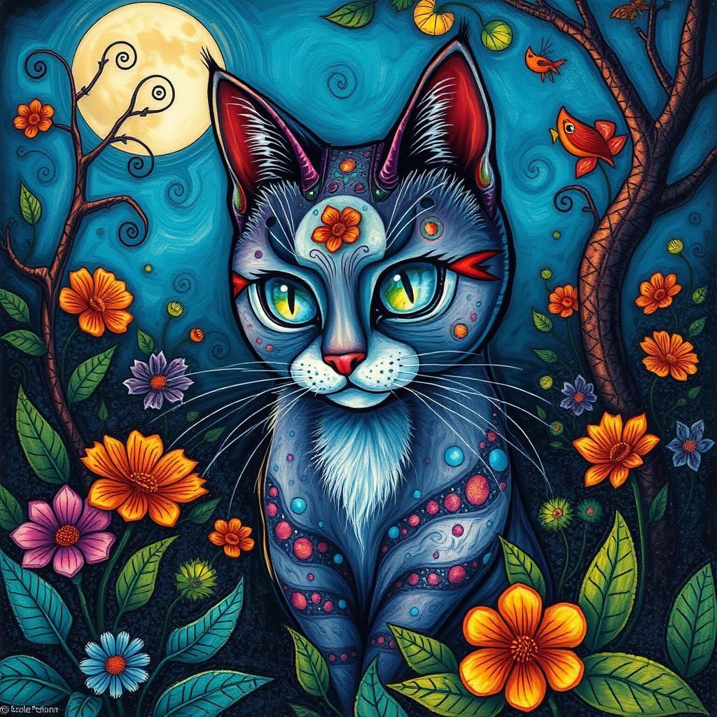 Colorful Cat in Moonlit Garden with Zentangle Patterns