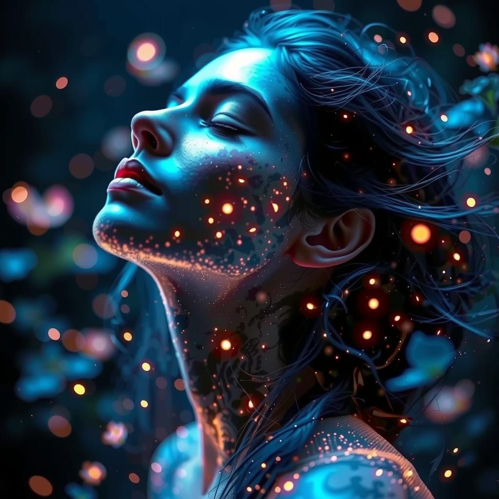 Bioluminescent Woman in Dreamlike Cosmic Landscape