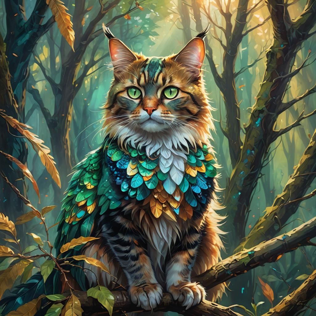 Mystical Cat-Bird Hybrid in a Forest, Digital Art