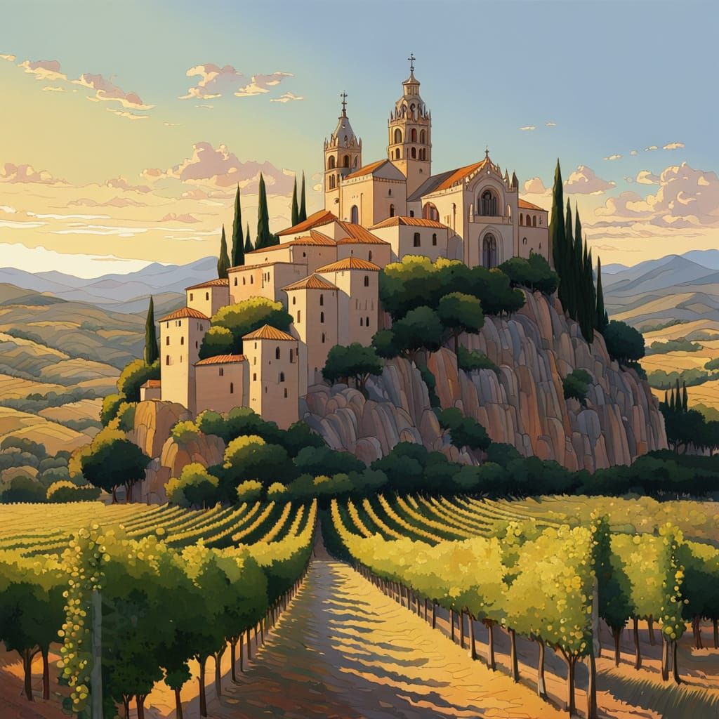Catalan Monastery Among Vineyards in Klimt Style