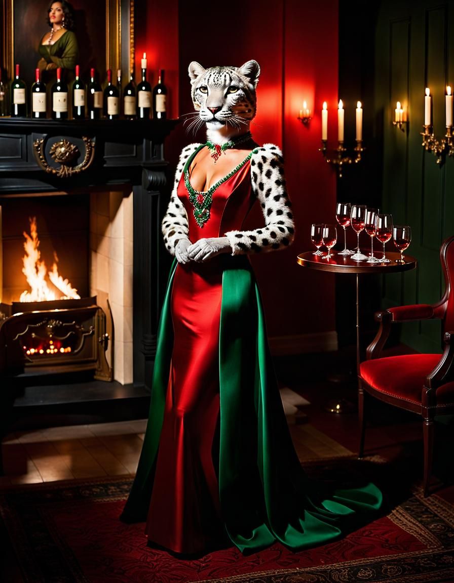 Anthropomorphic Snow Leopard in Elegant Evening Dress