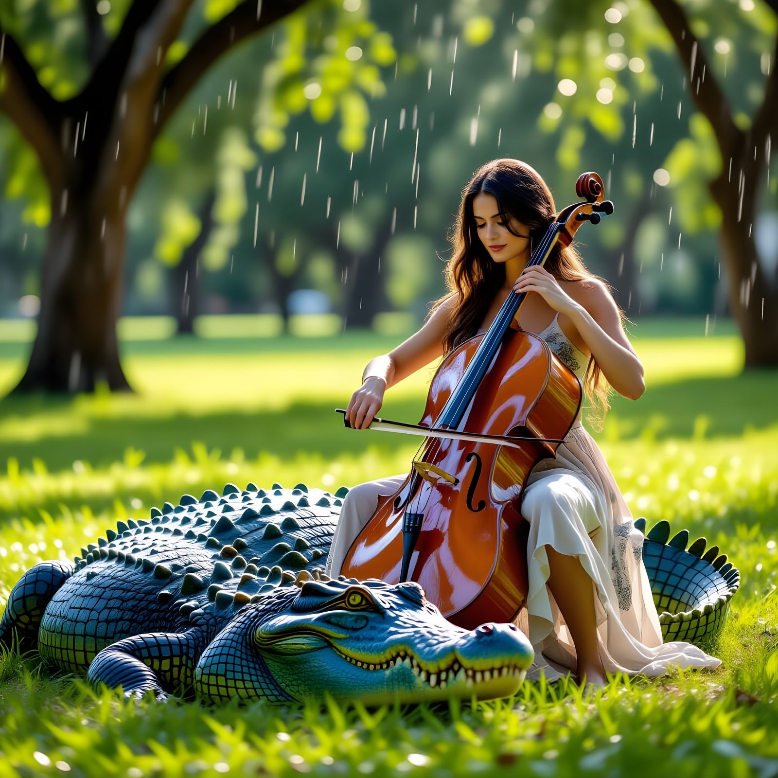 Woman Plays Cello with Crocodile in Rainy Park