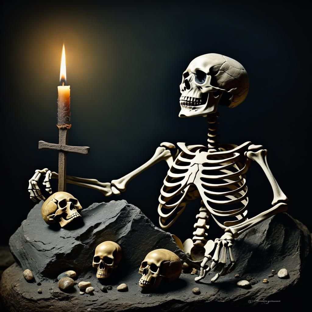 Skeletal Figures in a Surreal, High-Contrast Winter Scene