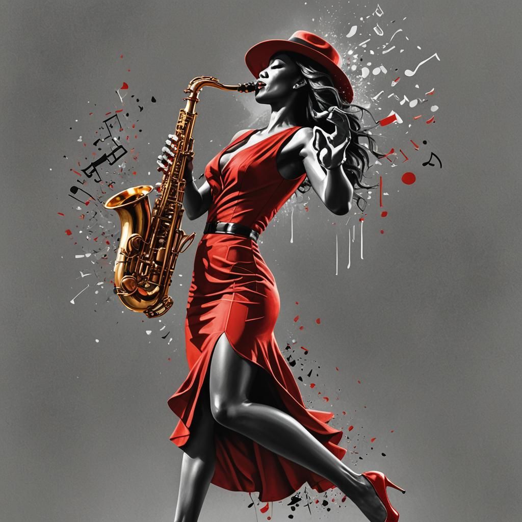 Dynamic Saxophonist in Red: Hyperrealistic Splash Art