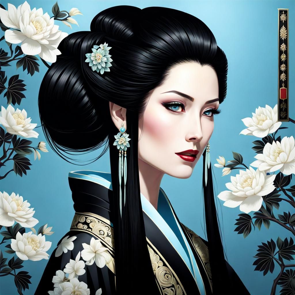 Intricately Detailed Portrait of Woman in Black Kimono