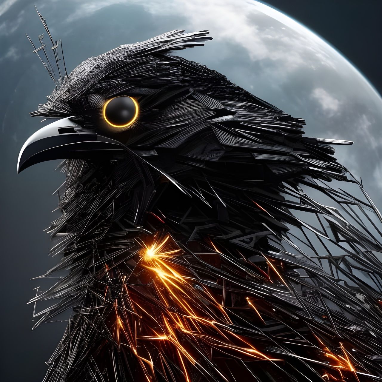 Fiery Cybernetic Crow Digital Rendering