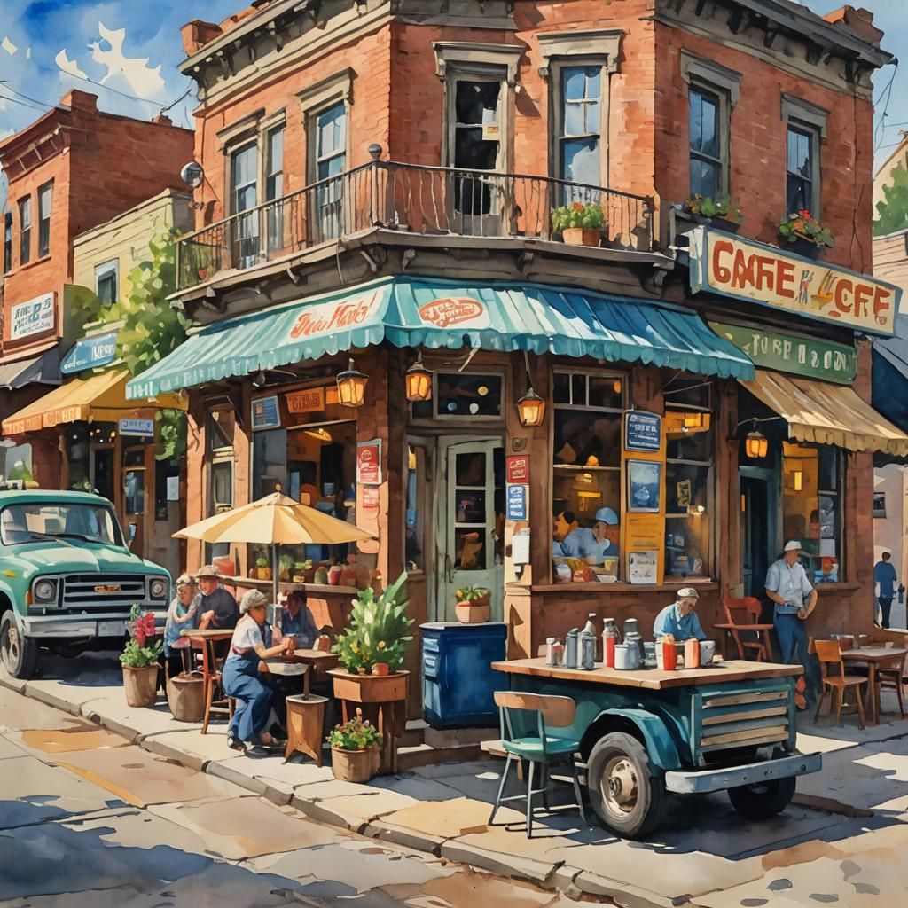 Gouache Style Cafe: Museum Impressionist Masterpiece