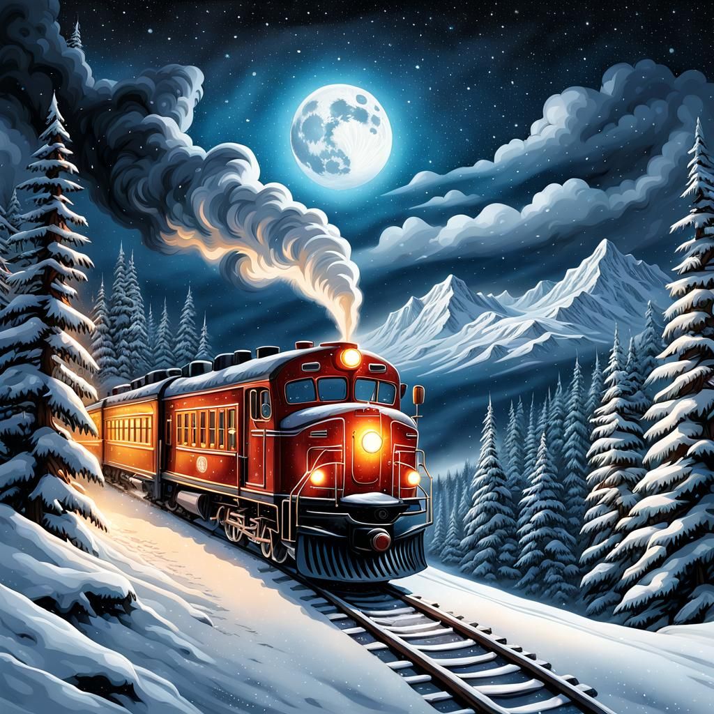 North Pole Christmas Train Under a Starry Sky