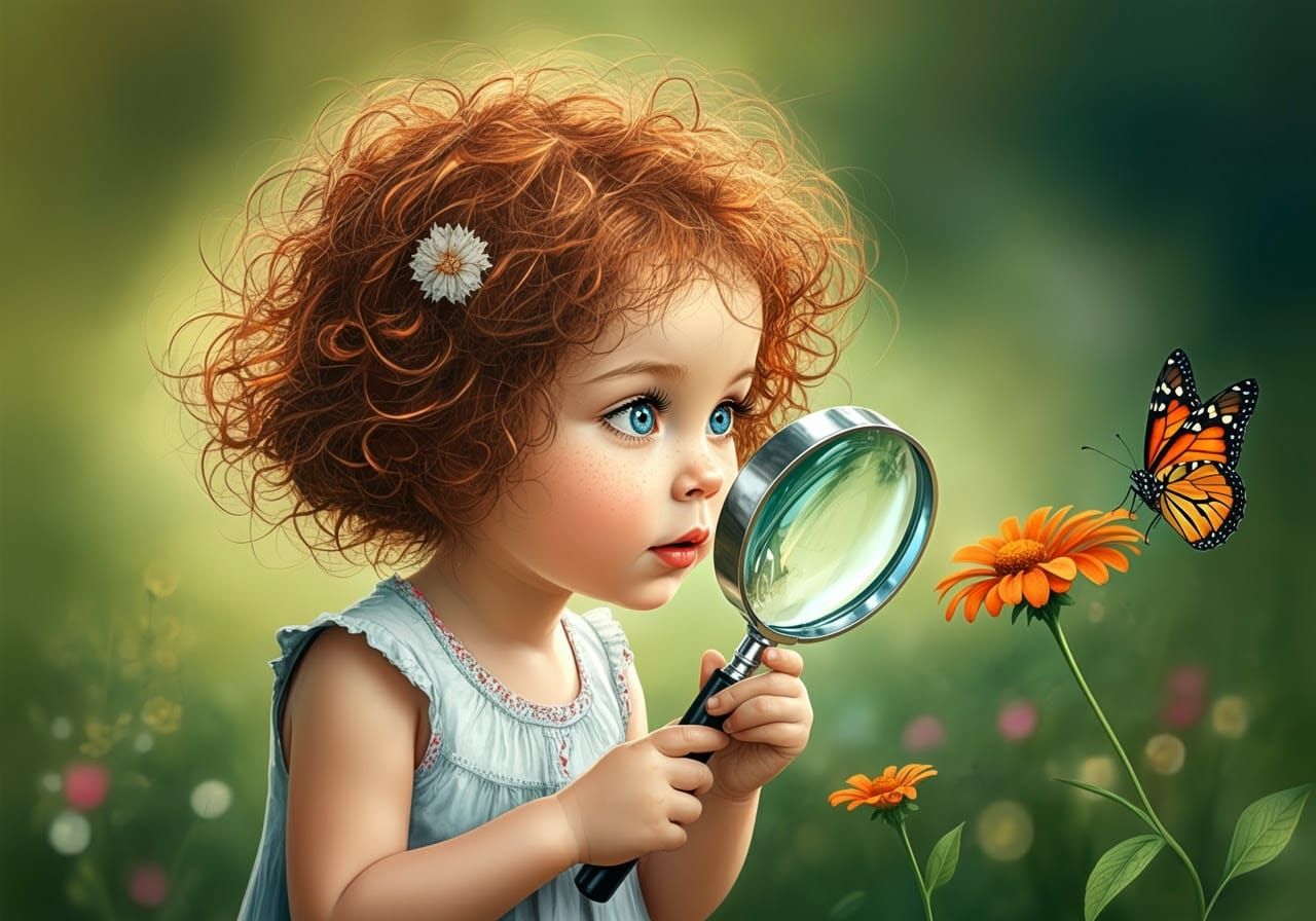 Little Girl Discovers a Colorful Butterfly in a Whimsical Ga...