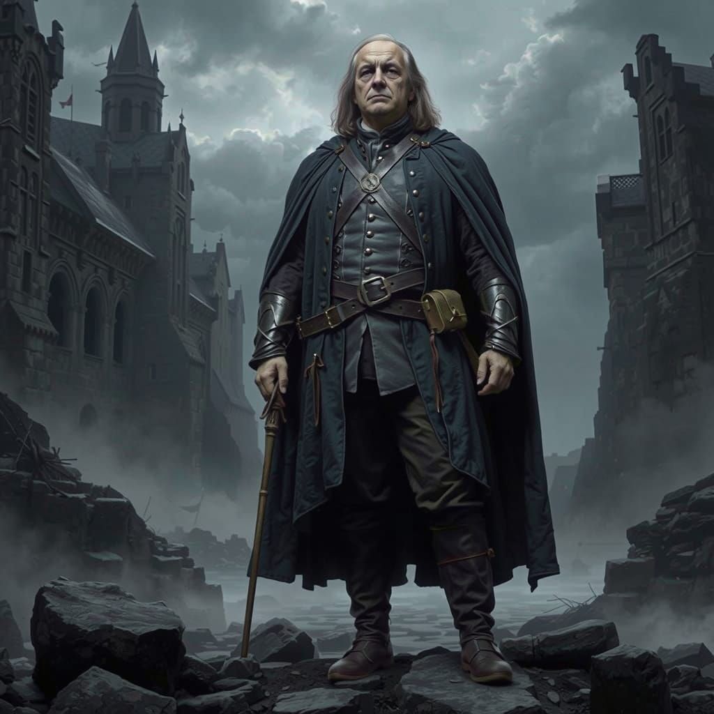 Grizzled Ben Franklin on Battlefield with Arcane Staff