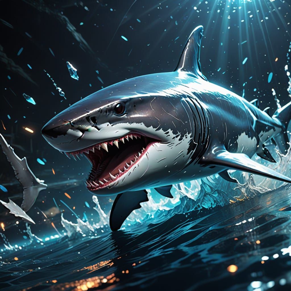 Vibrant Glitter Shark in Anime-Inspired Splash Art