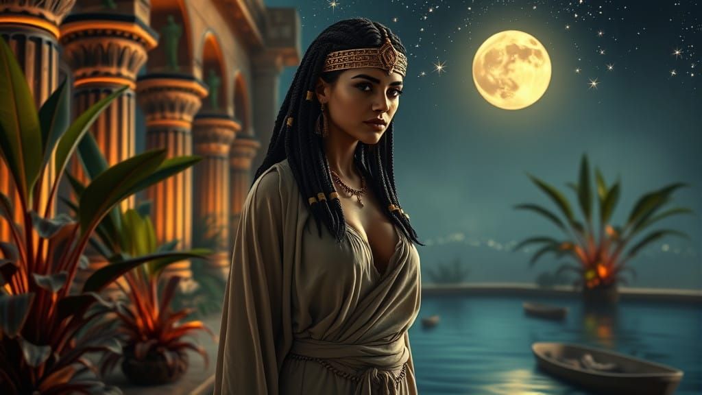 Egyptian Goddess in a Temple Under Glowing Moonlight