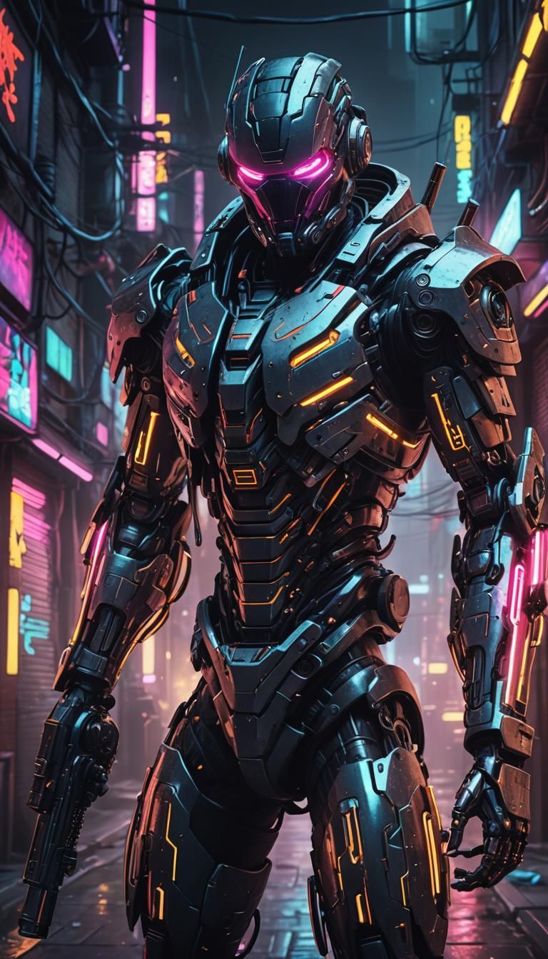 Cyberpunk Robotic Assassin Wielding Dual Guns