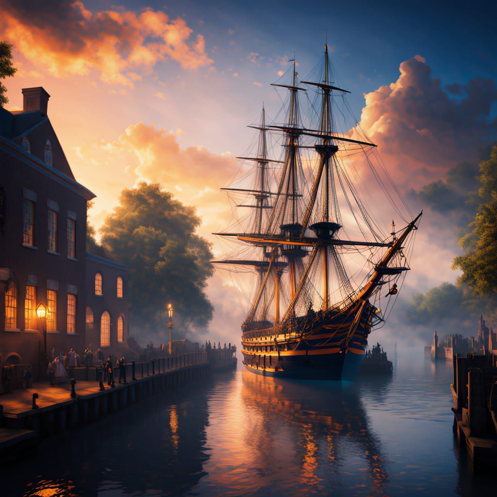 Epic 8K Digital Painting of HMS Victory at Sunset on the Tha...