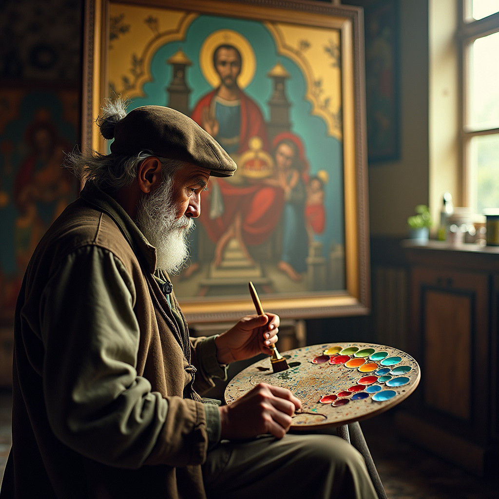 Elderly Painter Concentrating on Orthodox Church Icon