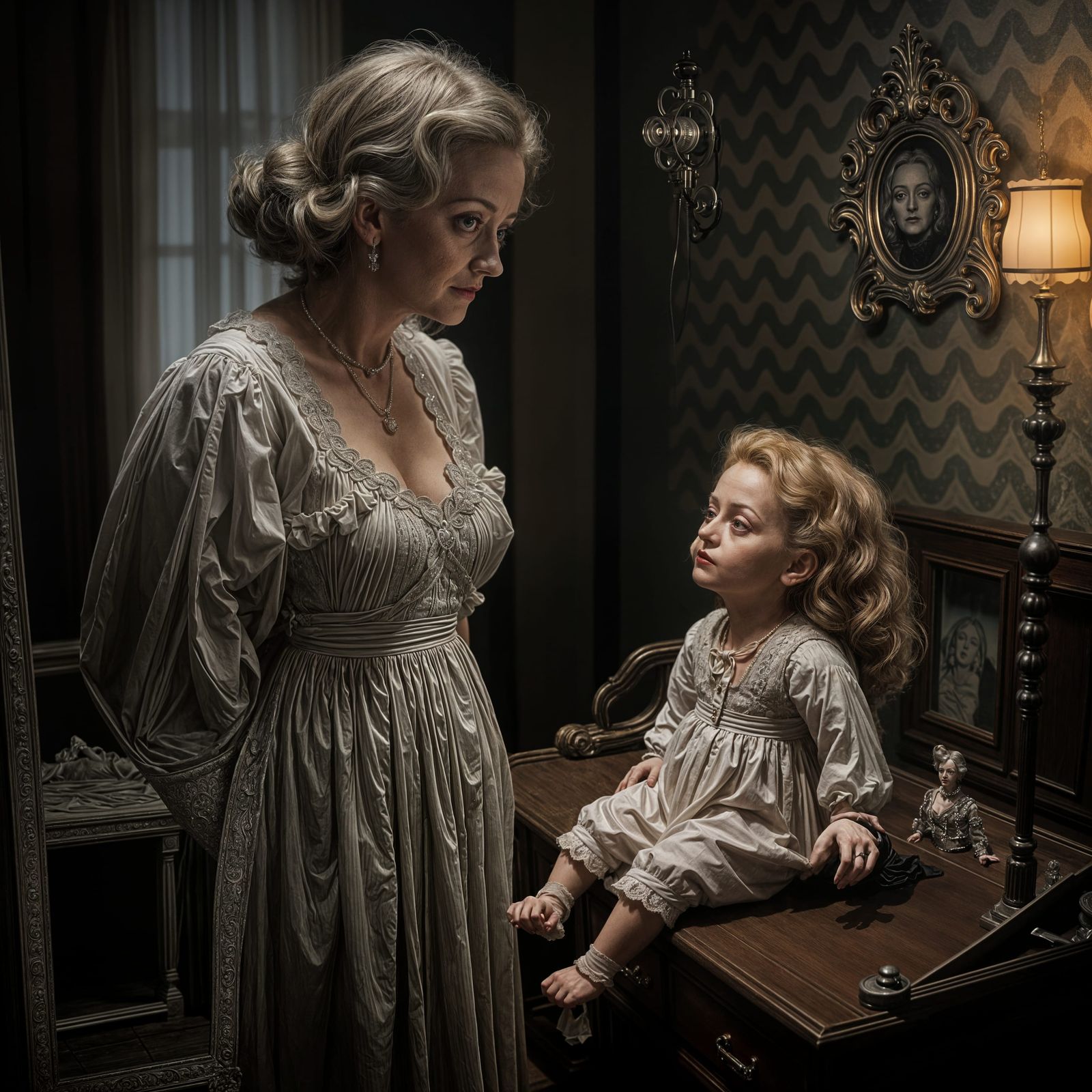 Bette Davis Glowers at Baby Jane Horror Doll with Fiery Dete...