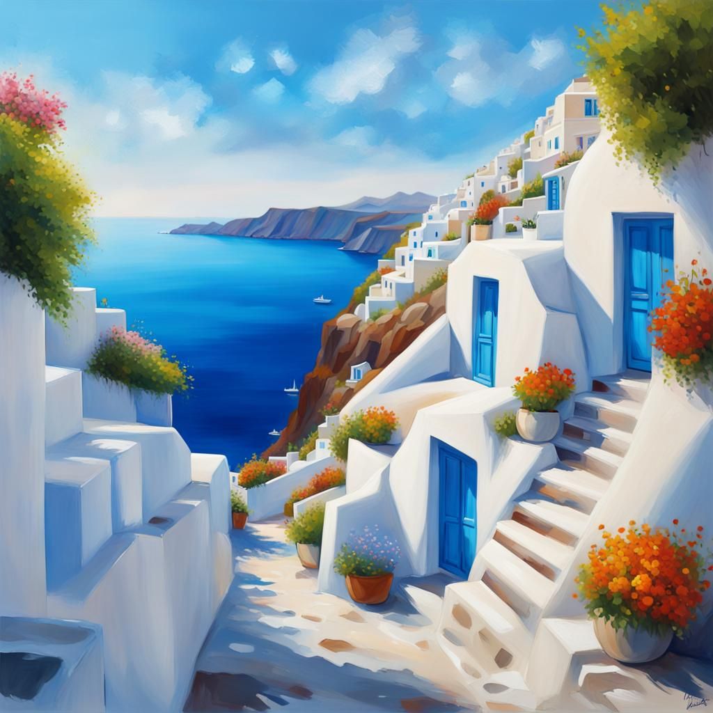 Santorini, Greece: Hyperrealistic Oil Painting in 8K