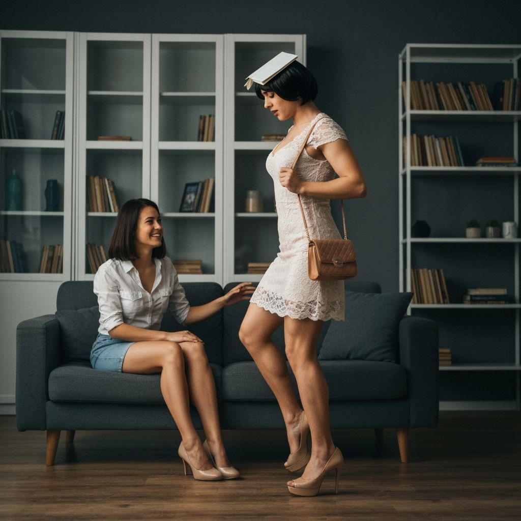 Man Practicing Walking in Heels with Book on Head