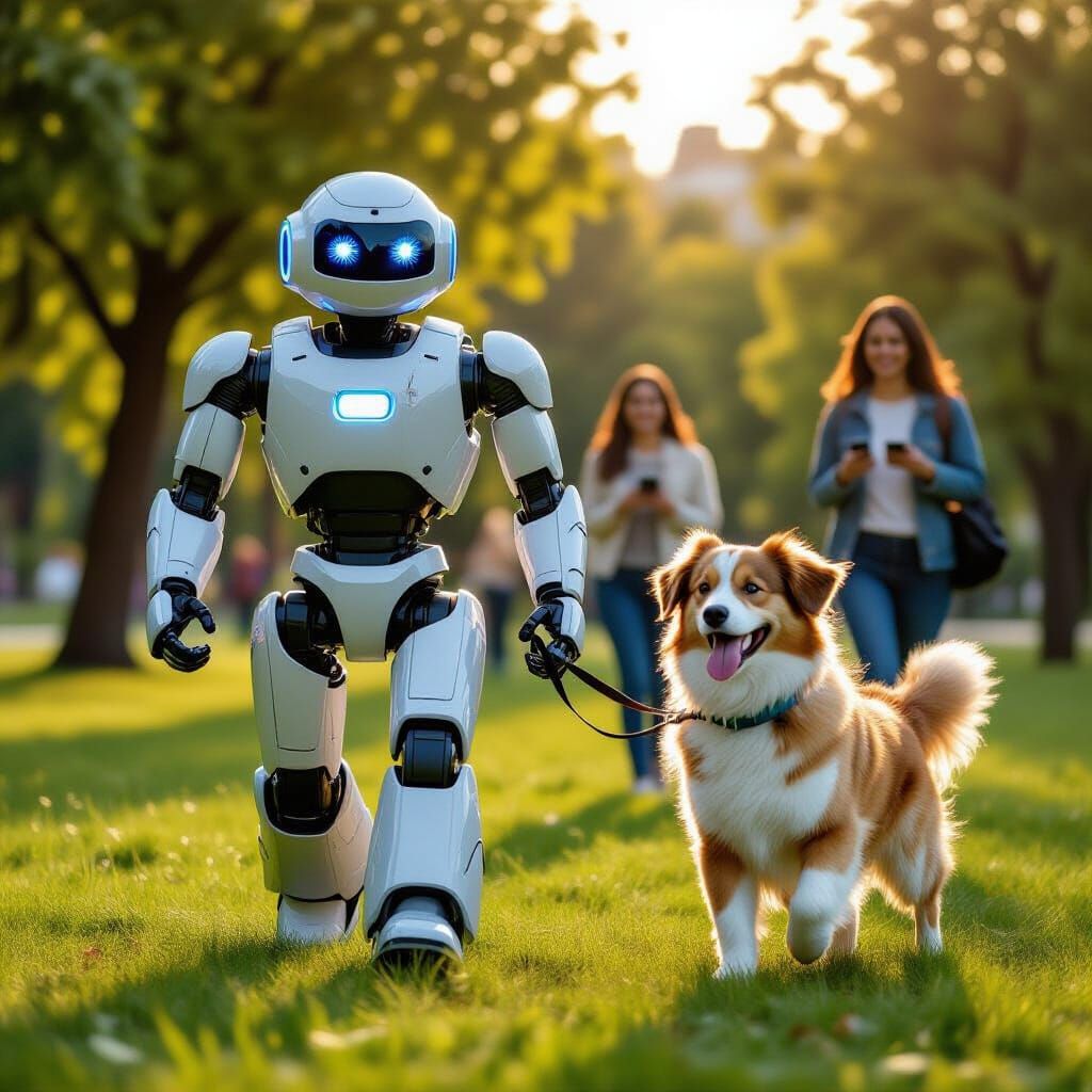 Robot Walks Dog in Park, Futuristic Style