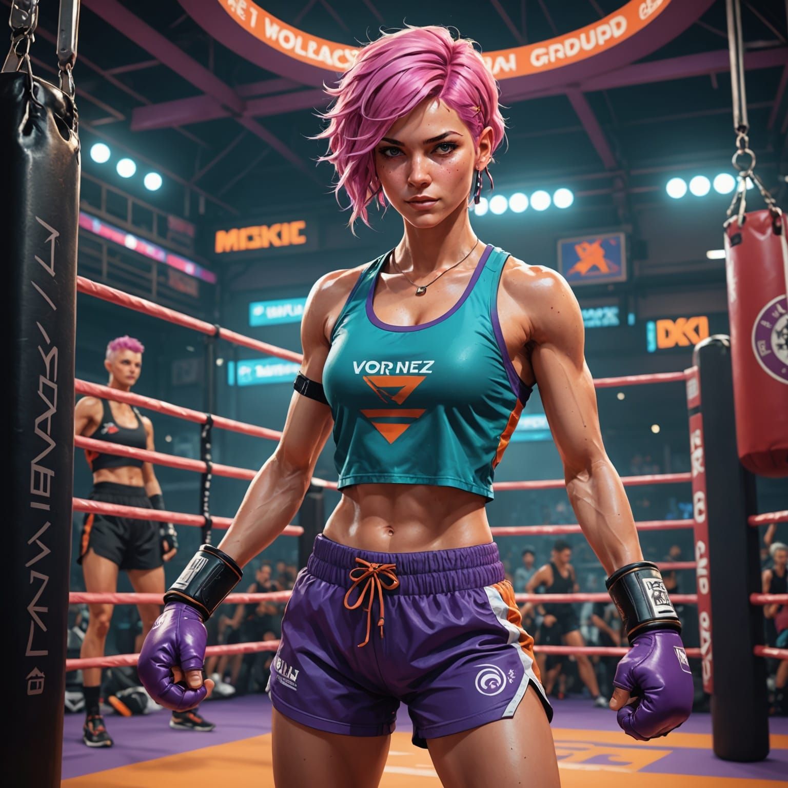 Pink-Haired Kickboxer in Ring, Art Nouveau Style