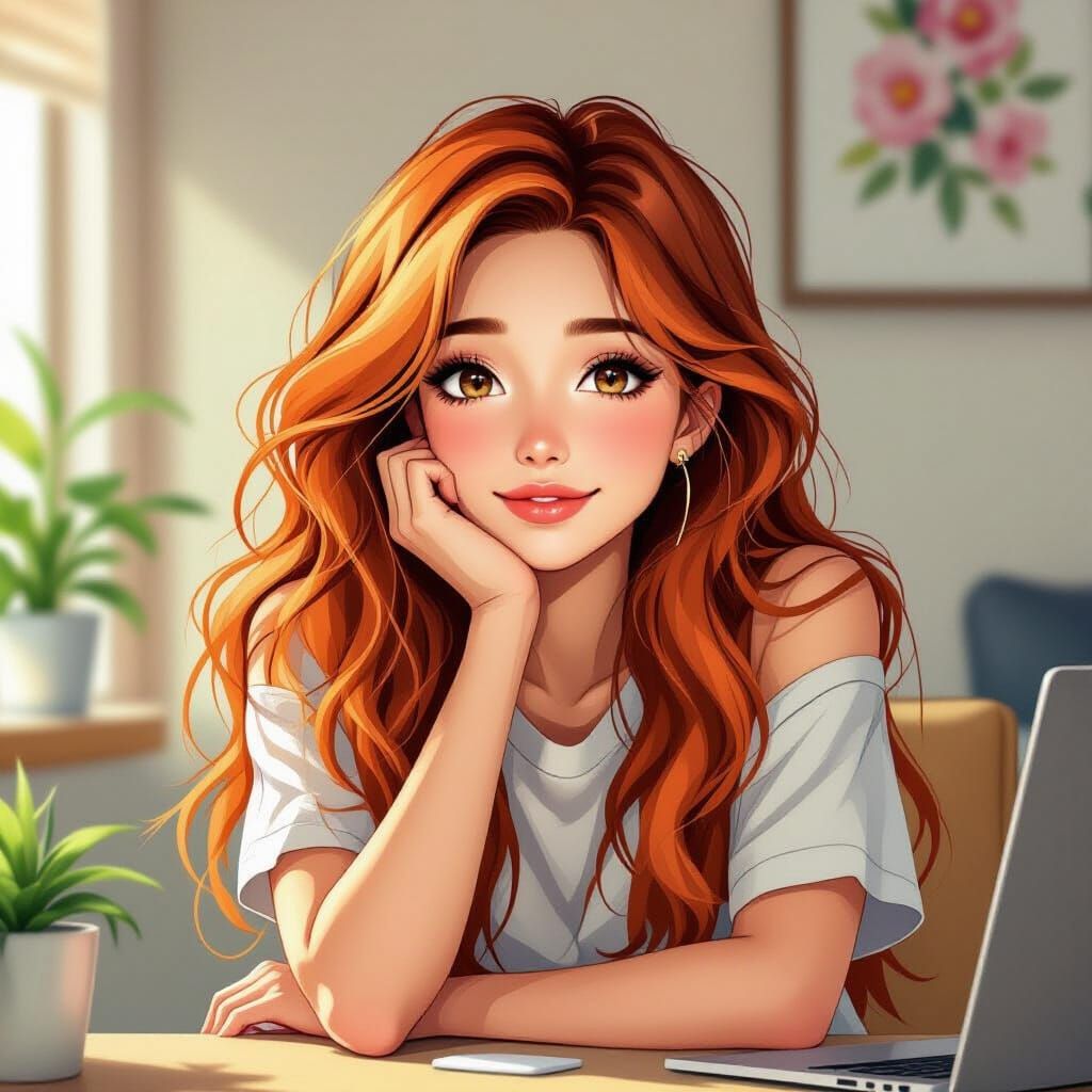 Relaxed Woman with Orange Hair in Elaborate Anime Style