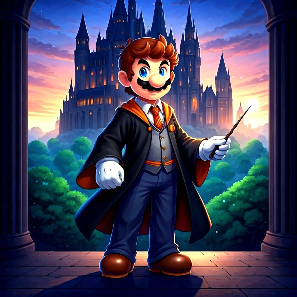 Mario Meets Magic at Hogwarts in Anime Style