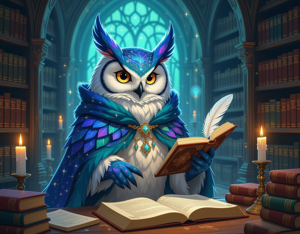 Anthropomorphic Owl in Library, Ghibli Art Nouveau Style