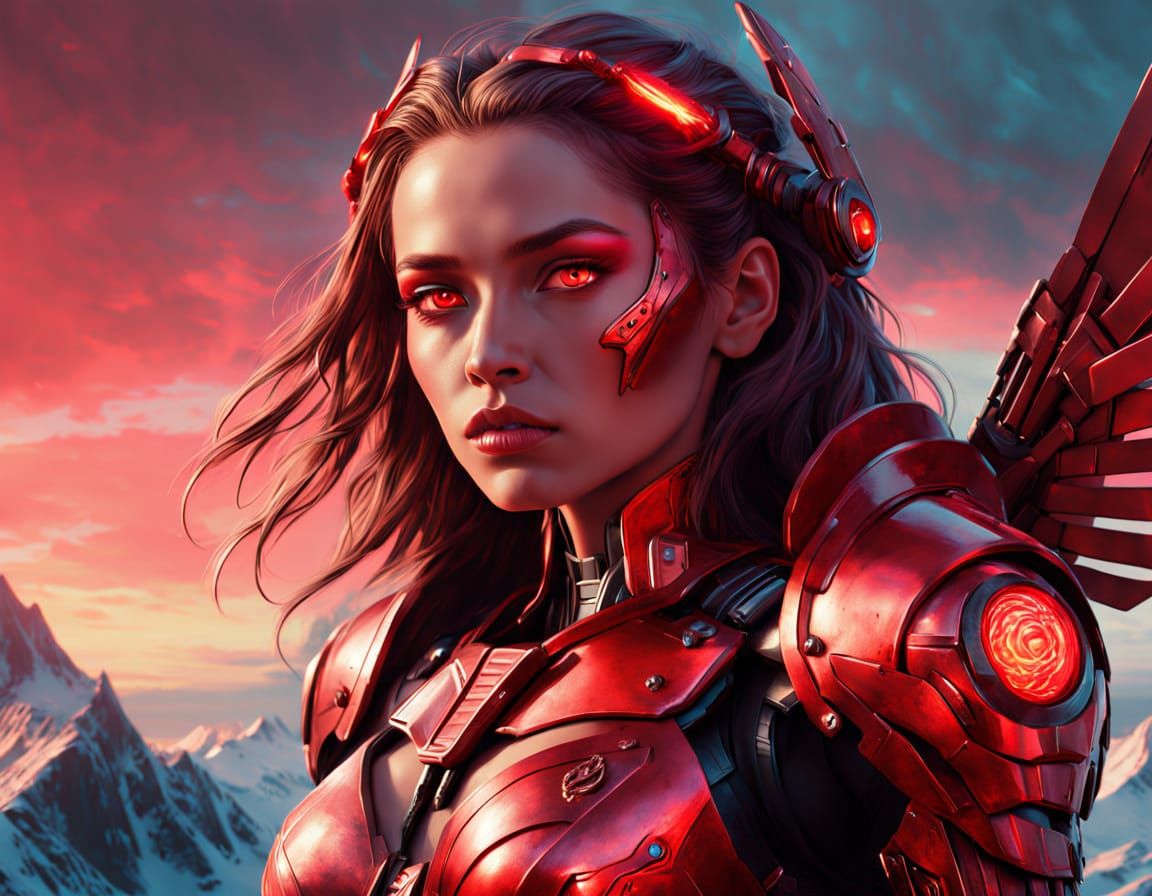 Cyborg Valkyrie Overlooking Cyberpunk Battlefield