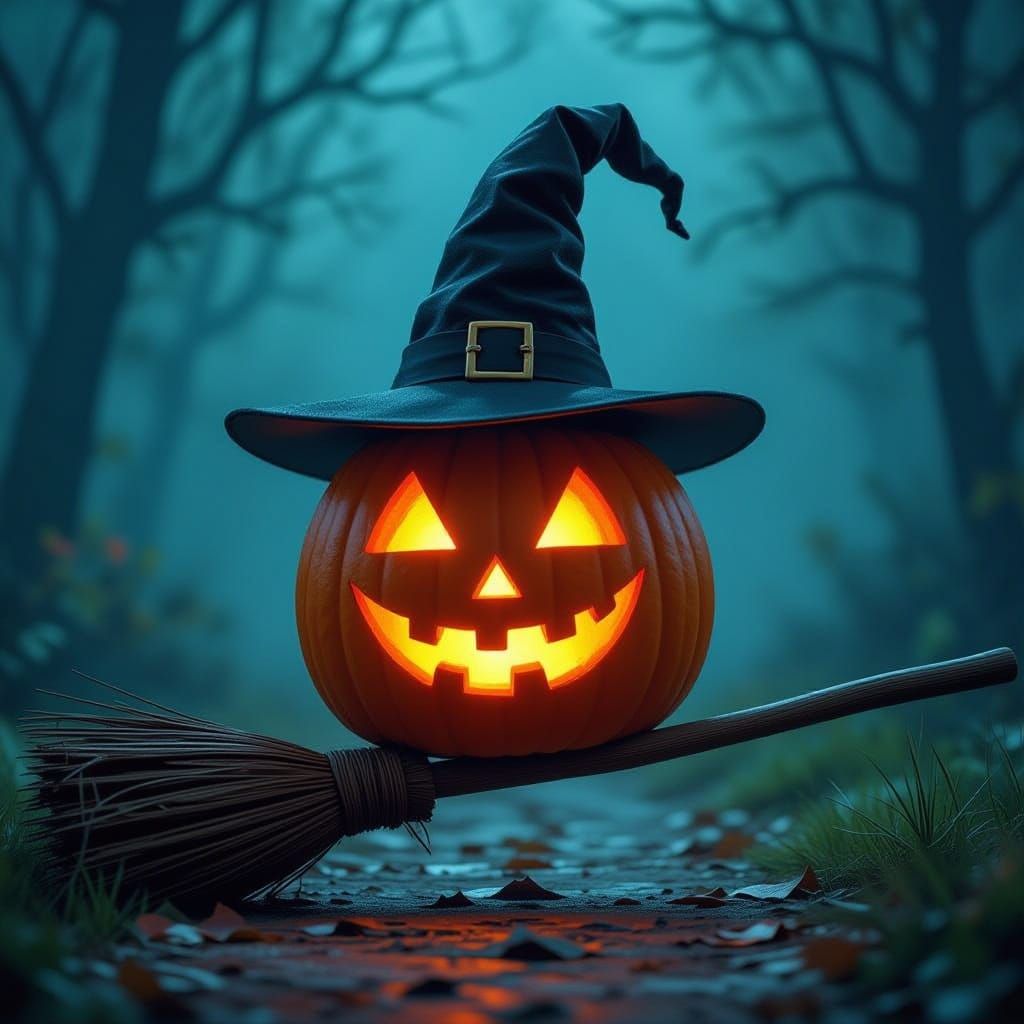 Spooky Pumpkin Witch Hat on Broomstick