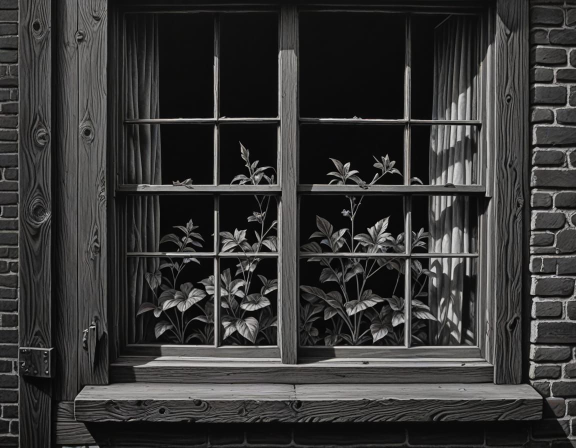 Hyperdetailed Charcoal Drawing of a Unique Window Scene