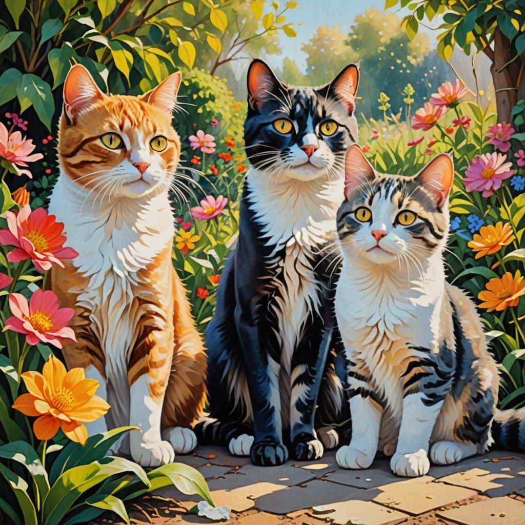 Four Cats Playful Garden, Vibrant Oil Painting