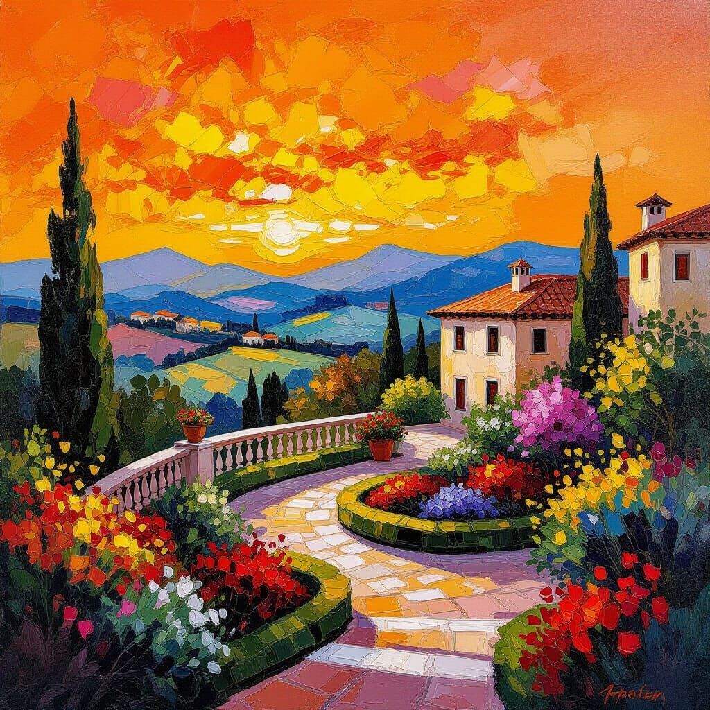 Italian Villa Garden at Brilliant Sunset Impasto Painting