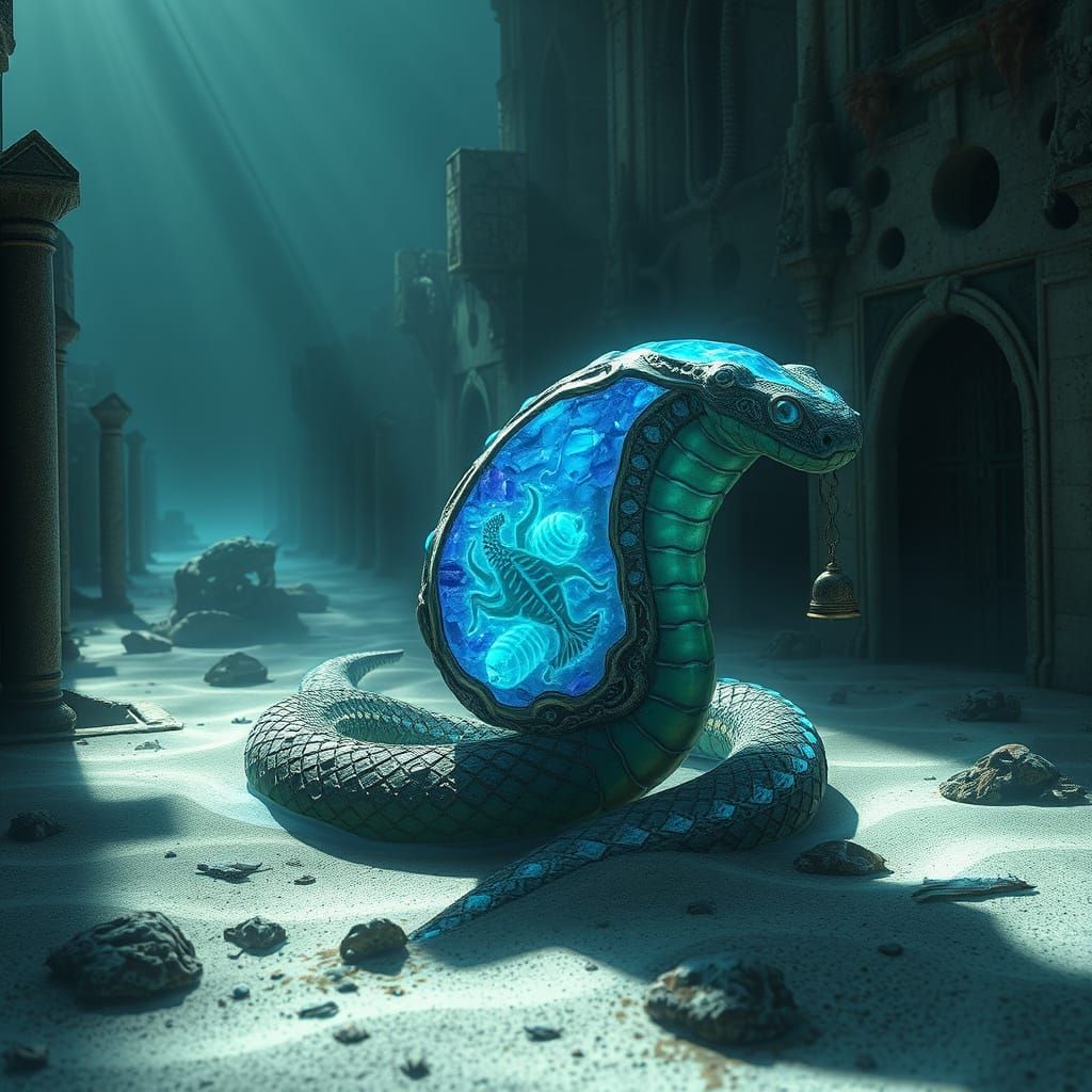 Bioluminescent Snake Exploring Sunken City Ruins