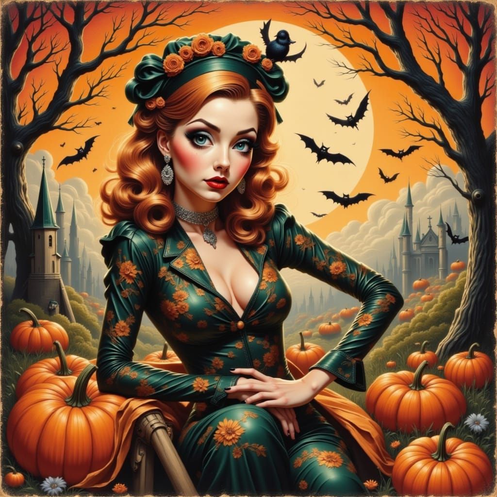 Spooky Halloween Pin-Up Girl with Big Eyes