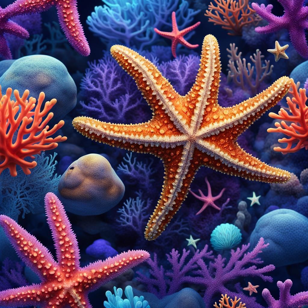 Glittery Starfish in Bioluminescent Coral Reef