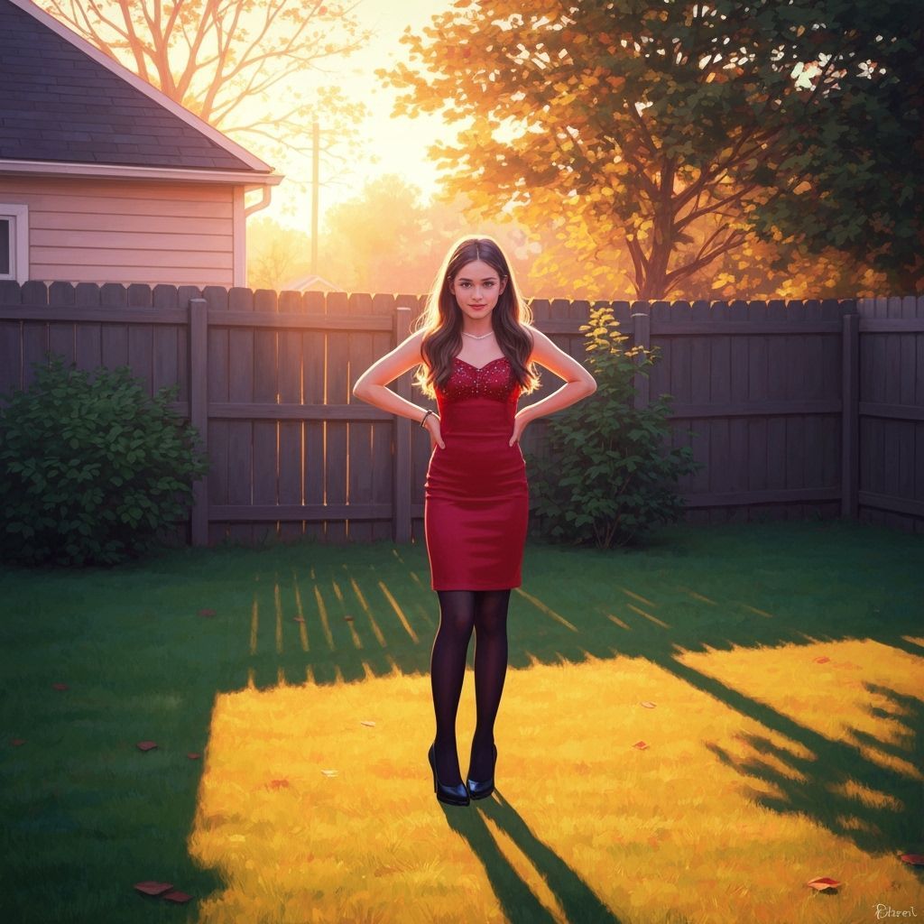 Girl in Red Prom Dress in Backyard