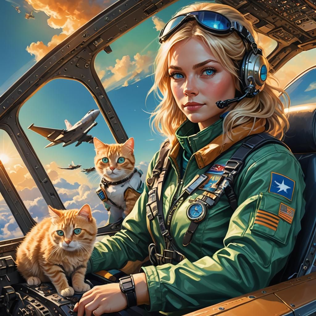 Female Pilot and Cat in Jet: Digital Art