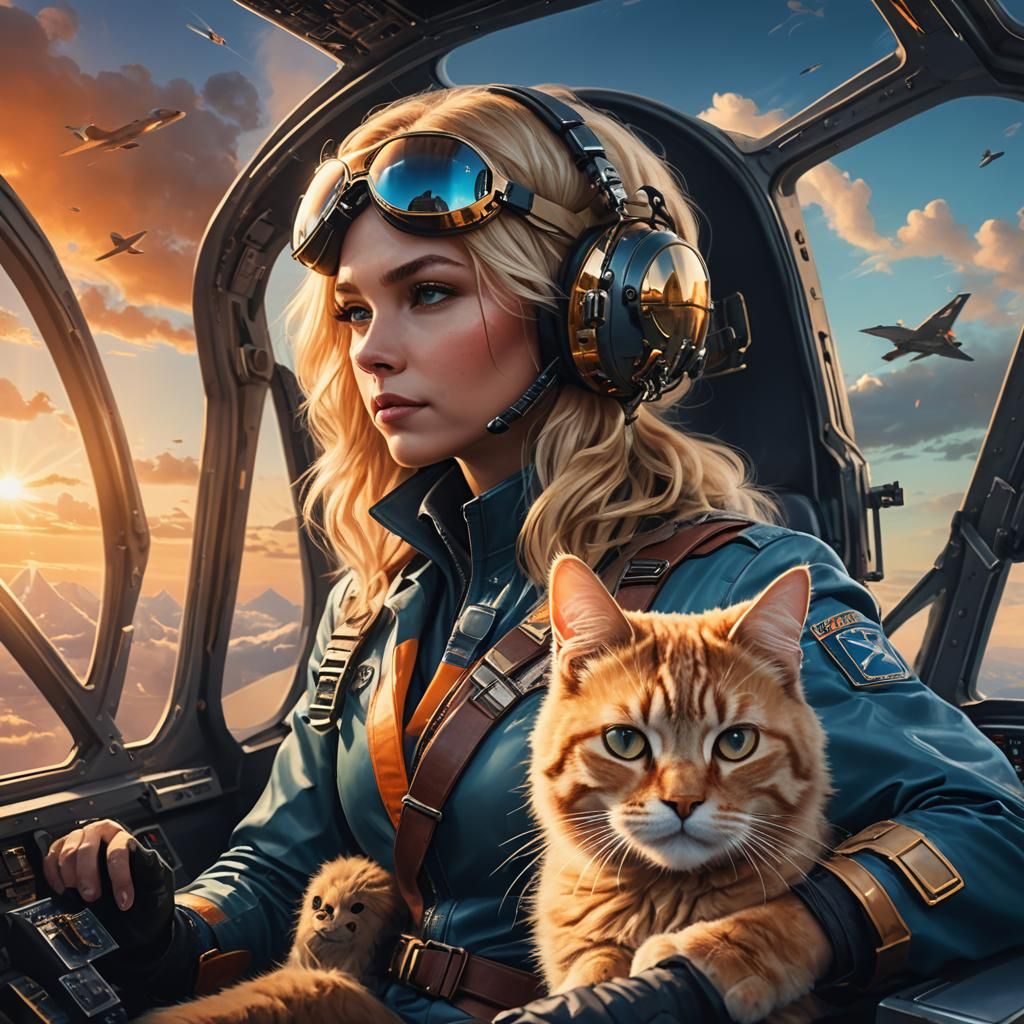 Female Aviator and Cat in Jet Cockpit: Matte Painting