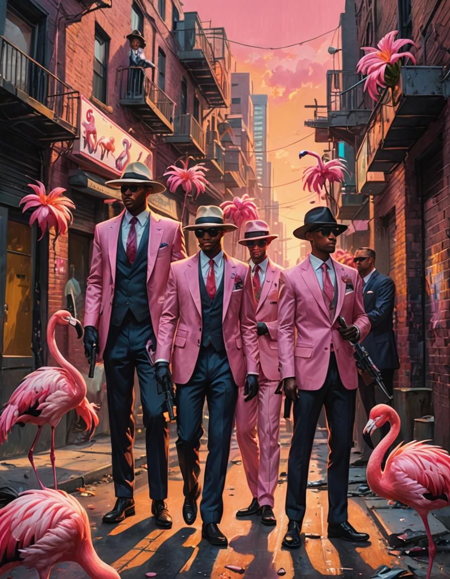 Flamingo Gangsters in a Neon Cityscape