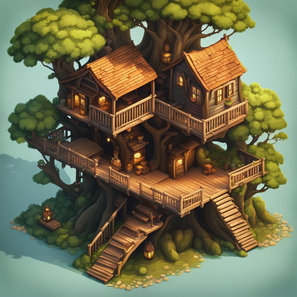 Isometric Treehouse Map in Detailed Matte Painting