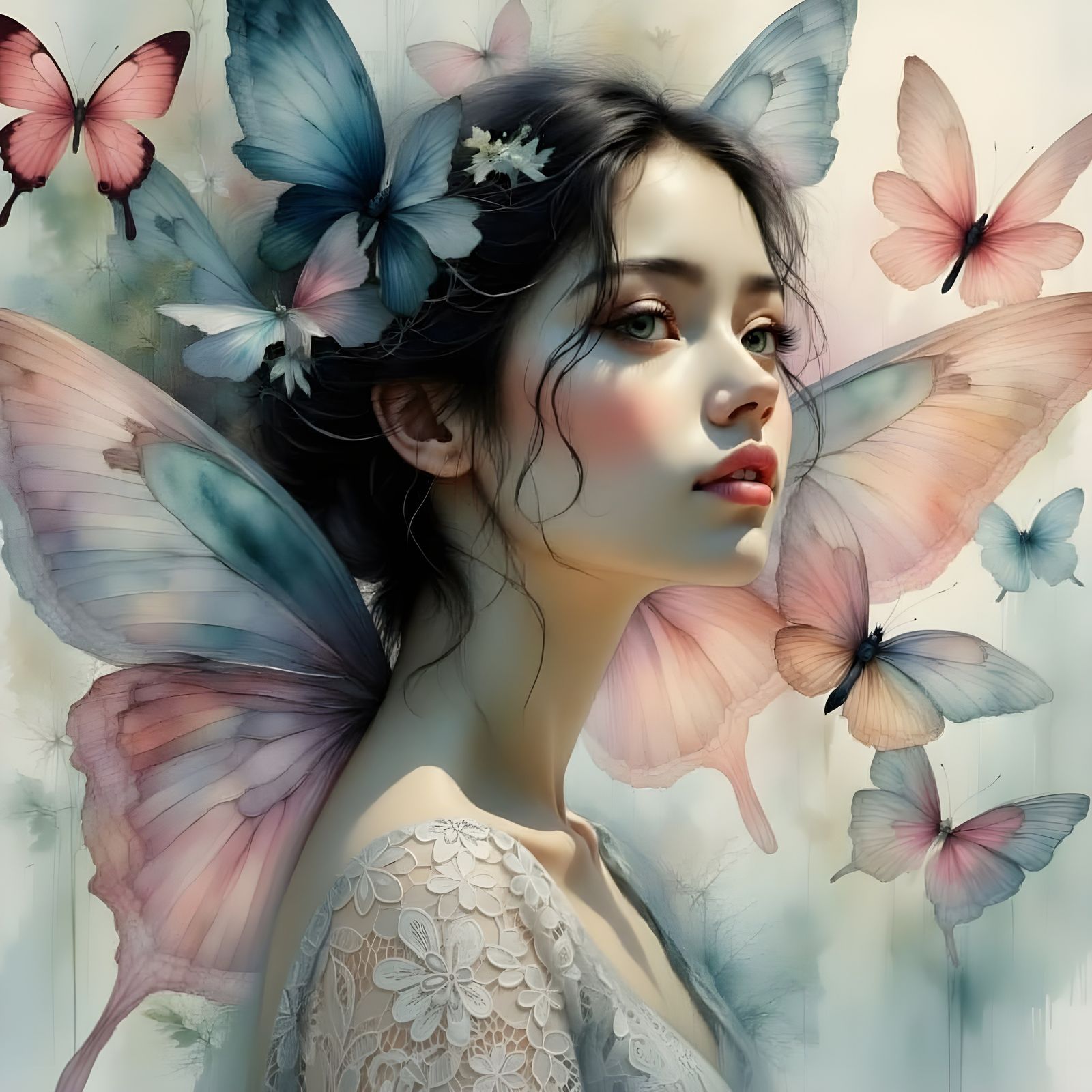 Woman With Butterfly Wings In Surreal Painterly Style
