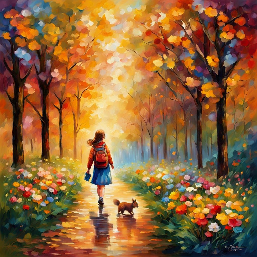 Vibrant Impressionist Scene of a Young Girl in a Colorful Fo...