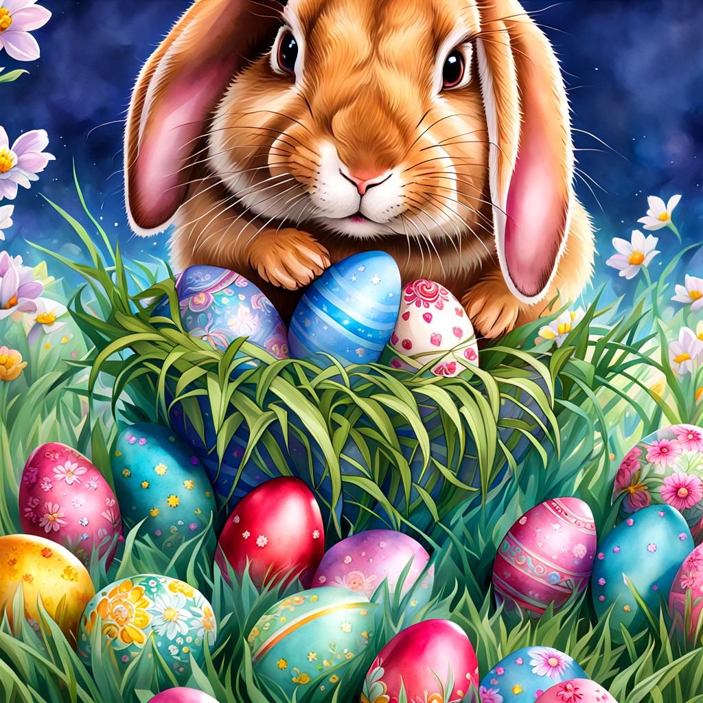 Comical Easter Bunny with Decorated Eggs in Watercolor