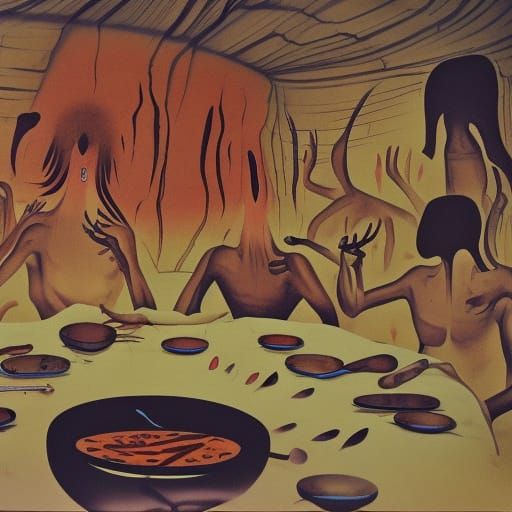 Cave People Eating Spring Rolls: Tribal Watercolor Art