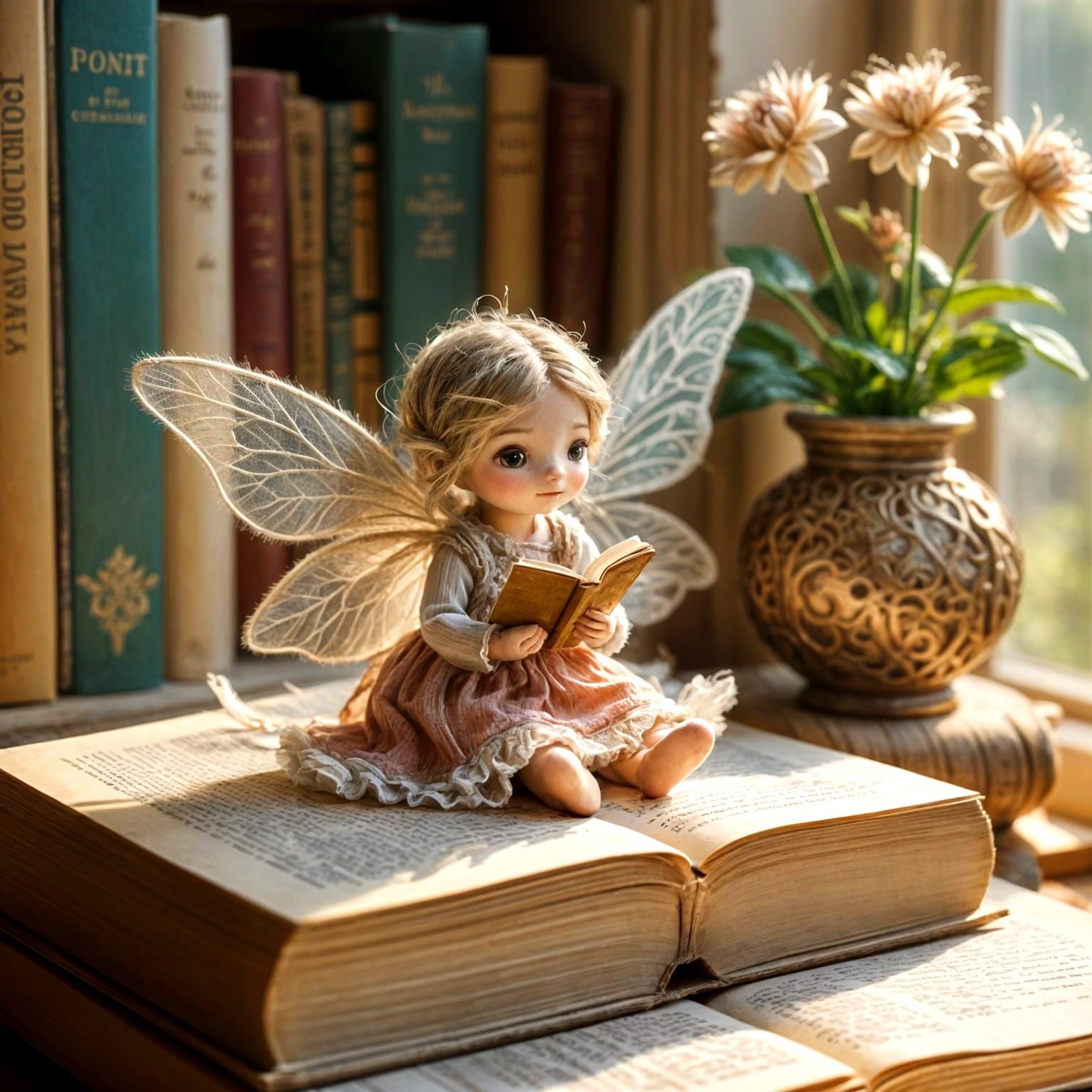 Yarn Fairy on Book in Cozy Library