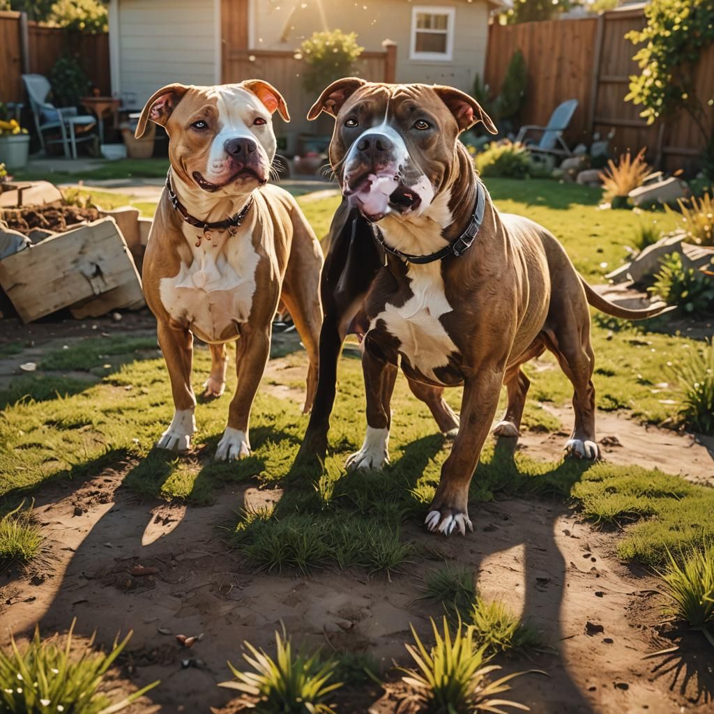 Hyperrealistic Pitbulls Playing in a Sunny Backyard