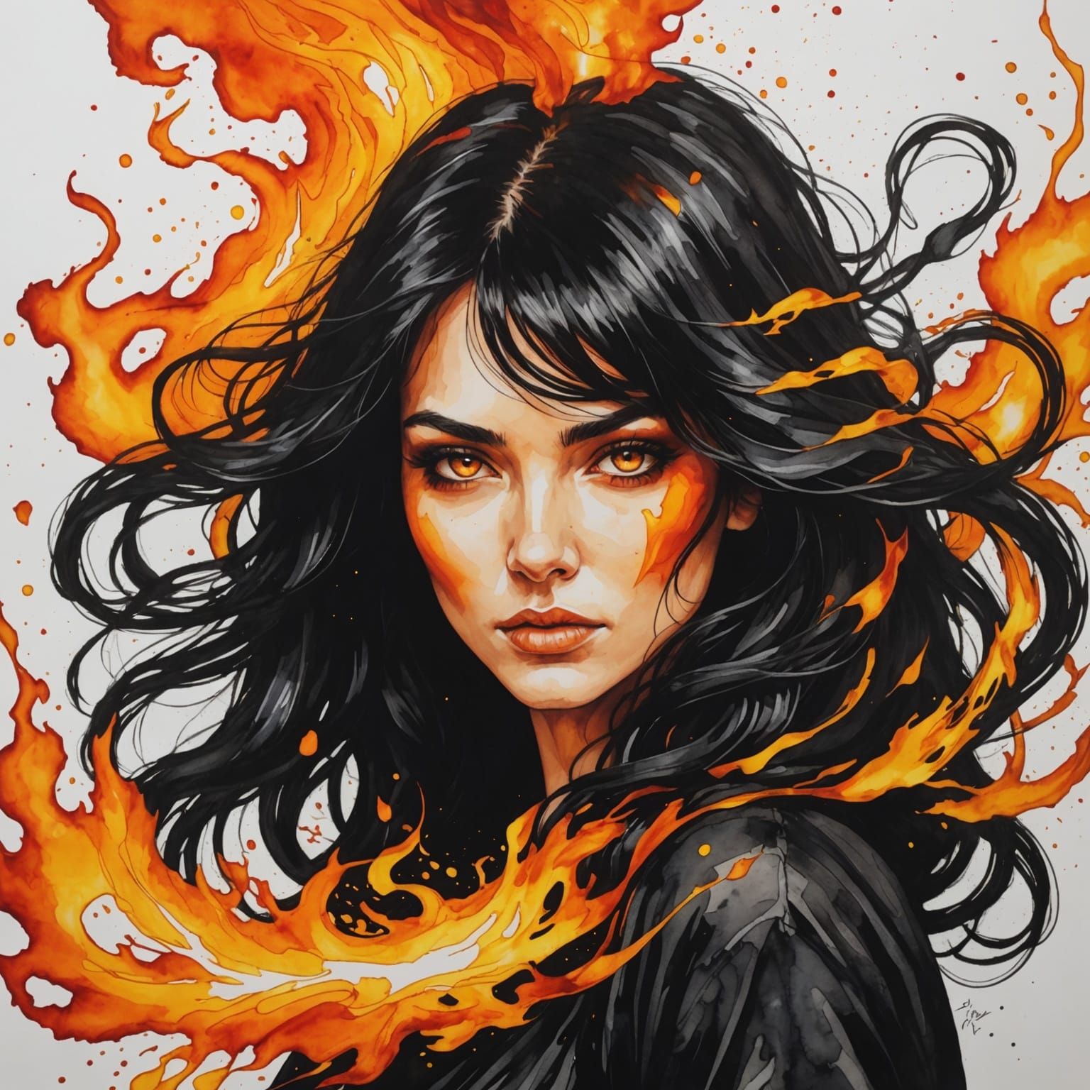 Fiery Woman with Black Hair in Alcohol Ink Style